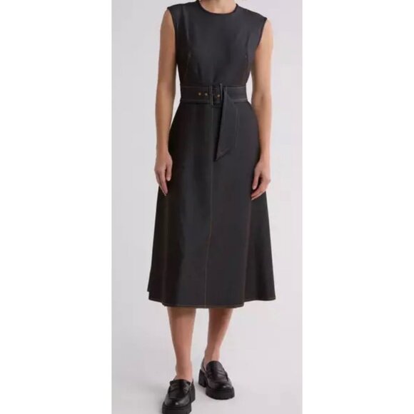 Calvin Klein Soft Jean A-Line Dress Exposed Back Zipper Attached Belt Size 16 - Picture 2 of 10